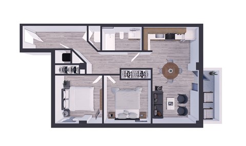 Floor plan for 2 beds, 1 bath, 807 sqft